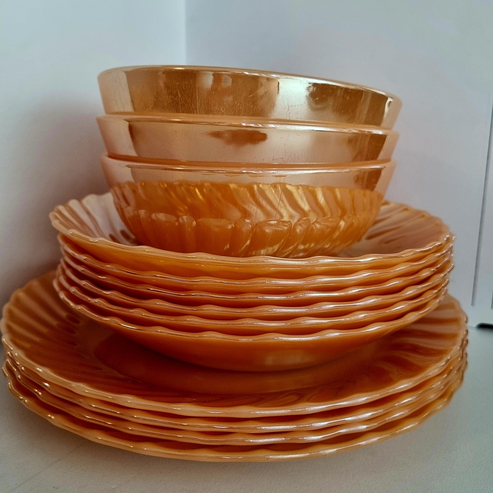 Vintage Termocrisa Mexico Carnival Swirl Iridescent Peach Luster Diningwares